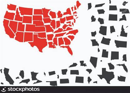 Puzzle from map USA in red and grey color.