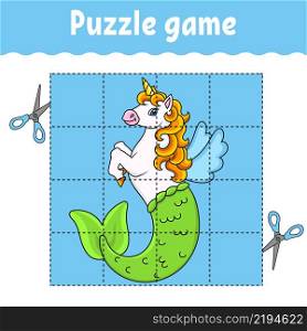 Puzzle game for kids. Cute mermaid unicorn. Education developing worksheet. Learning game for children. Color activity page. For toddler. Riddle for preschool.