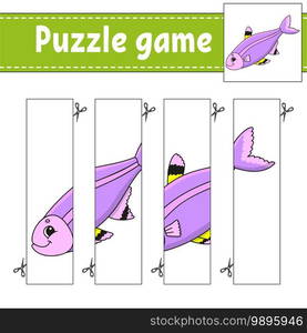 Puzzle game for kids. Cutting practice. Education developing worksheet. Activity page. Cartoon character.