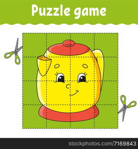 Puzzle game for kids. Education developing worksheet. Learning game for children. Kitchen kettle. Color activity page. For toddler. Riddle for preschool. Isolated vector illustration in cartoon style.