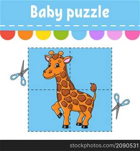 Puzzle game for kids. Giraffe animal. Jigsaw pieces. Color worksheet. Activity page. Isolated vector illustration. Cartoon style.