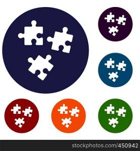 Puzzle icons set in flat circle reb, blue and green color for web. Puzzle icons set