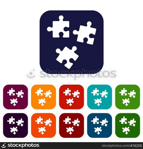 Puzzle icons set vector illustration in flat style In colors red, blue, green and other. Puzzle icons set