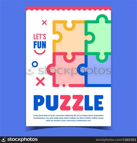 Puzzle Jigsaw Creative Advertising Banner Vector. Puzzle Gaming Connection Pieces For Funny Time. Brainstorming And Teamwork Playing Game. Concept Template Stylish Colorful Illustration. Puzzle Jigsaw Creative Advertising Banner Vector