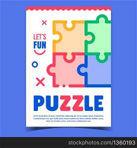 Puzzle Jigsaw Creative Advertising Banner Vector. Puzzle Gaming Connection Pieces For Funny Time. Brainstorming And Teamwork Playing Game. Concept Template Stylish Colorful Illustration. Puzzle Jigsaw Creative Advertising Banner Vector