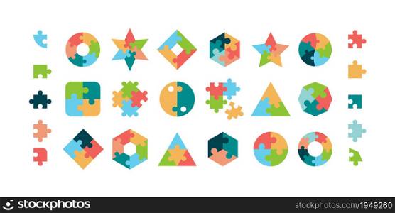 Puzzle. Jigsaw pieces various geometrical forms round and square puzzle parts vector collection. Illustration jigsaw puzzle game, teamwork concept. Puzzle. Jigsaw pieces various geometrical forms round and square puzzle parts vector collection