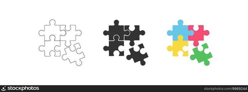 Puzzle, jigsaw set icons line, black and flat. Isolated abstract graphic design template. Vector illustration