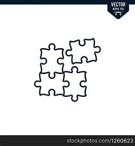 Puzzle piece icon collection in outlined or line art style, editable stroke vector