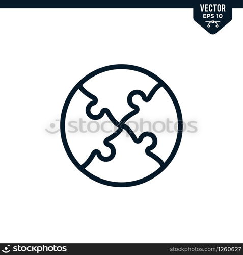 Puzzle piece icon collection in outlined or line art style, editable stroke vector