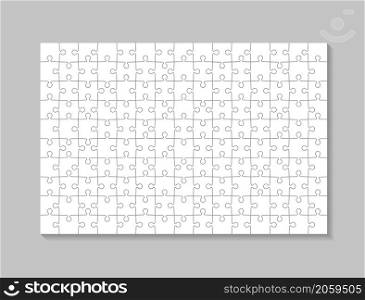 Puzzle piece pattern. Realistic template of jigsaw. Grid of scheme. Square for game. White texture of puzzle on gray background. Part of jigsaw for team logic. 150 pieces of contour mosaic. Vector.