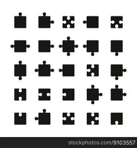 Puzzle pieces. Black jigsaw parts for logic teamwork game, blank tiles match connection elements, funny toy template flat style. Vector set. Various parts joining, leisure time, challenge. Puzzle pieces. Black jigsaw parts for logic teamwork game, blank tiles match connection elements, funny toy template flat style. Vector set