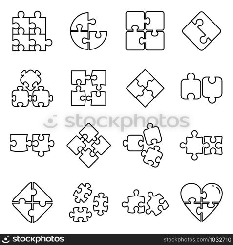 Puzzle pieces icons set. Outline set of puzzle pieces vector icons for web design isolated on white background. Puzzle pieces icons set, outline style