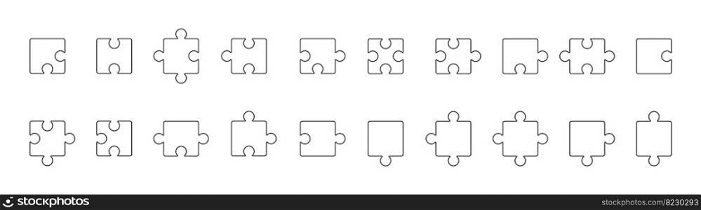 Puzzle pieces line set. Different linear puzzles silhouette collection. Vector illustration isolated on white.. Puzzle pieces line set.
