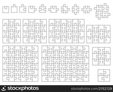 Puzzle pieces square shape. Blank logic table game. Assemble picture. Isolated or connected mosaic fragments. Constituent tile elements different number. Outline simple style. Vector jigsaw parts set. Puzzle pieces square shape. Blank table game. Assemble picture. Isolated or connected mosaic fragments. Constituent elements different number. Outline simple style. Vector jigsaw parts set