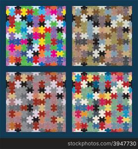 Puzzle seamless set. Colored puzzle seamless pattern set. Game square template. Vector illustration