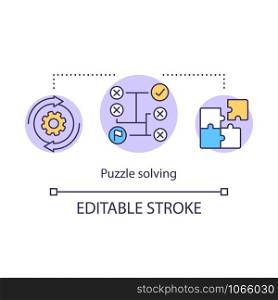 Puzzle solving concept icon. Game algorithm idea thin line illustration. Jigsaw puzzle. Searching solution. Rational, logical thinking. Vector isolated outline drawing. Editable stroke