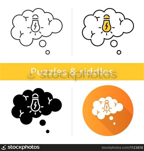 Puzzle solving icon. Thought bubble. Mental exercise, challenge. Ingenuity, knowledge test. Critical thinking. Brainstorming ideas. Flat design, linear and color styles. Isolated vector illustrations