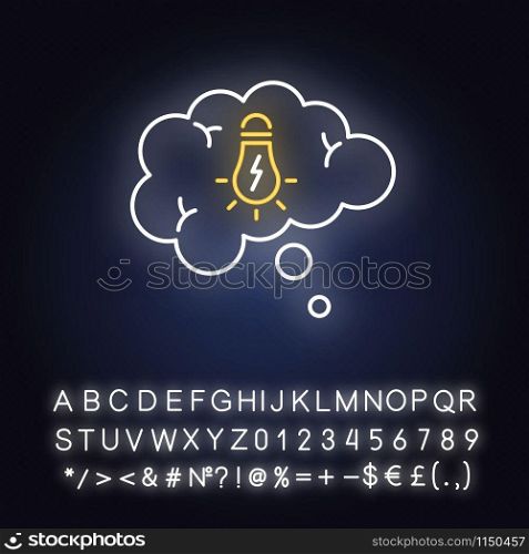 Puzzle solving neon light icon. Thought bubble. Mental exercise, challenge. Critical thinking. Brainstorming ideas. Glowing sign with alphabet, numbers and symbols. Vector isolated illustration