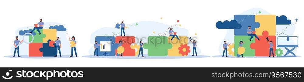 Puzzle team work vector illustration concept partner. Partnership teamwork business people collaboration together vector design. Concept jigsaw part solution group connect. Cooperation strategy idea