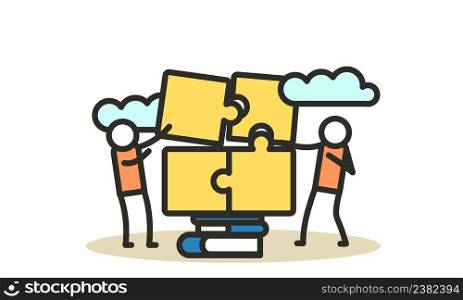 Puzzle teamwork man and woman business partnership communication. People work with books vector concept illustration. Together create piece jigsaw solution. Cooperation office human idea. Planning job