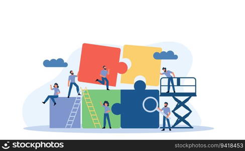 Puzzle teamwork man and woman business partnership communication. People work with books vector concept illustration. Together create piece jigsaw solution. Cooperation office human idea. Planning job