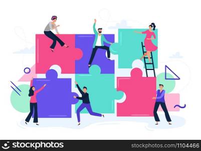 Puzzle teamwork. People work together and connect puzzle pieces, business office workers team cooperation. Teamwork partnership metaphor, workers unity flat vector illustration. Puzzle teamwork. People work together and connect puzzle pieces, business office workers team cooperation flat vector illustration