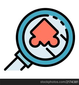Puzzle under magnifier icon. Outline puzzle under magnifier vector icon color flat isolated. Puzzle under magnifier icon color outline vector