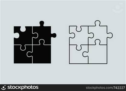 Puzzle - Vector icon. Set of four black piece puzzle and line piece puzzle on white background