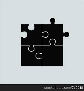Puzzle - Vector icon. Set of four black piece puzzle on white background