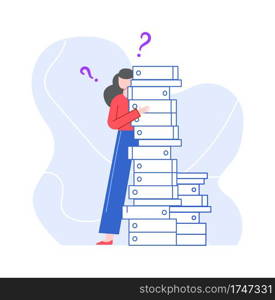 Puzzled and pensive woman with stack of folders. Illustration lady with question, problem confused, find solution, uncertain and confusion vector. Puzzled and pensive woman with stack of folders