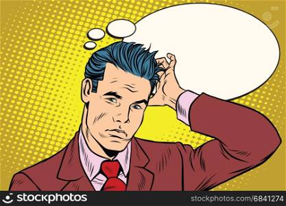 puzzled businessman business people. Pop art retro vector illustration drawing. puzzled businessman business people