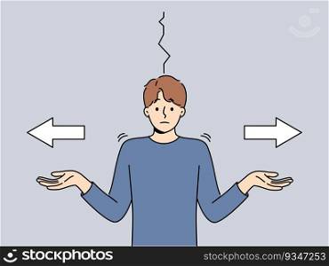 Puzzled man cannot make decision and spreads hands standing next to arrows pointing in different directions. Puzzled guy faces difficult choice and shrugs shoulders to ask for help. Man cannot make decision and spreads hands standing next to arrows pointing in different directions