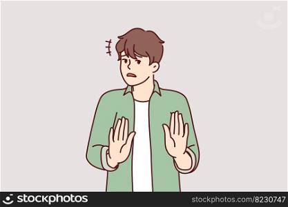 Puzzled man stretches out hands showing palms calls to stop or stop politically incorrect actions. Embarrassed young guy calls to stop spread of harmful or fake information. Flat vector illustration. Puzzled man stretches out hands calls to stop or stop politically incorrect actions. Vector image