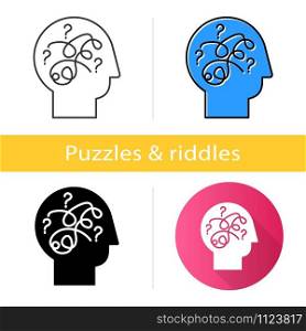 Puzzled mind icon. Mental exercise. Ingenuity test. Critical thinking. Brain teaser. Logic questions. Solution finding porcess. Flat design, linear and color styles. Isolated vector illustrations