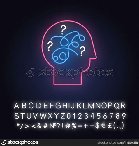 Puzzled mind neon light icon. Mental exercise, challenge. Brain teaser. Logic questions. Solution finding porcess. Glowing sign with alphabet, numbers and symbols. Vector isolated illustration