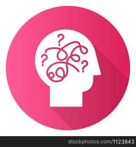 Puzzled mind pink flat design long shadow glyph icon. Mental exercise. Intelligence test. Critical thinking. Brain teaser. Logic questions. Solution finding porcess. Vector silhouette illustration