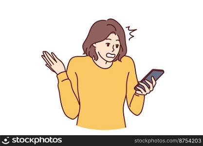 Puzzled woman holding phone and reading unpleasant messages from bank makes wave of hand. Bewildered girl reading fake news in smartphone and nervous about false information. Flat vector illustration. Puzzled woman holding phone and reading unpleasant SMS from bank makes wave of hand. Vector image