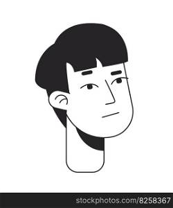 Puzzled young man with bowl haircut flat line monochromatic vector character head. Looking sideways. Editable outline avatar icon. 2D cartoon line spot illustration for web graphic design, animation. Puzzled young man with bowl haircut flat line monochromatic vector character head