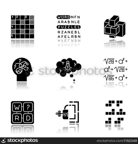 Puzzles and riddles drop shadow black glyph icons set. Construction, word puzzle. Crossword. Math problem. Puzzled mind. Logic games. Mental exercise. Brain teaser. Isolated vector illustrations