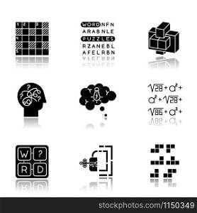 Puzzles and riddles drop shadow black glyph icons set. Construction, word puzzle. Crossword. Math problem. Puzzled mind. Logic games. Mental exercise. Brain teaser. Isolated vector illustrations
