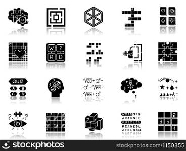 Puzzles and riddles drop shadow black glyph icons set. Mental exercise. Challenge. Language, vocabulary test. Brain teaser. Problem solving. Solution finding. Isolated vector illustrations