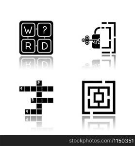 Puzzles and riddles drop shadow black glyph icons set. Missing letter game. Maze, labirynth. Crossword. Logic games. Mental exercise. Challenge. Brain teaser. Isolated vector illustrations