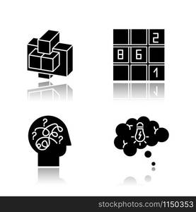 Puzzles and riddles drop shadow black glyph icons set. Sudoku. Puzzled mind. Problem solving process. Thought bubble. Mechanical puzzles. Logic games. Brain teaser. Isolated vector illustrations