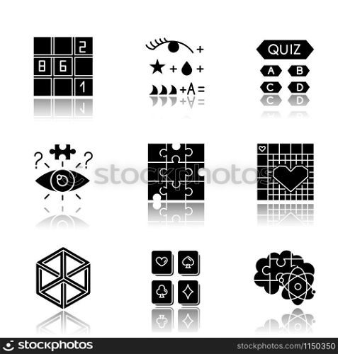 Puzzles and riddles drop shadow black glyph icons set. Sudoku. Trivia quiz. Nonogram. Optical illusion. Jigsaw. Logic games. Mental exercise. Challenge. Brain teaser. Isolated vector illustrations