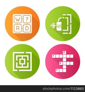 Puzzles and riddles flat design long shadow glyph icons set. Missing letter game. Maze, labirynth. Crossword. Logic games. Mental exercise. Challenge. Brain teaser. Vector silhouette illustration