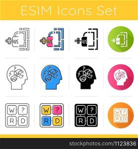 Puzzles and riddles icons set. Maze, key-lock, missing letter puzzle. Puzzled mind. Logic game. Mental exercise. Brain teaser. Flat design, linear, black and color styles. Isolated vector illustration