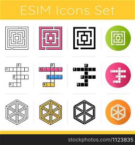 Puzzles and riddles icons set. Maze, labyrinth. Crossword. Optical illusion. Logic games. Mental exercise. Brain teaser. Flat design, linear, black and color styles. Isolated vector illustrations