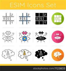 Puzzles and riddles icons set. Sudoku. Riddle solving process. Thought bubble. Logic games. Mental exercise. Brain teaser. Flat design, linear, black and color styles. Isolated vector illustrations
