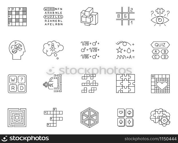 Puzzles and riddles linear icons set. Mental exercise. Challenge. Language, vocabulary test. Brain teaser. Thin line contour symbols. Isolated vector outline illustrations. Editable stroke