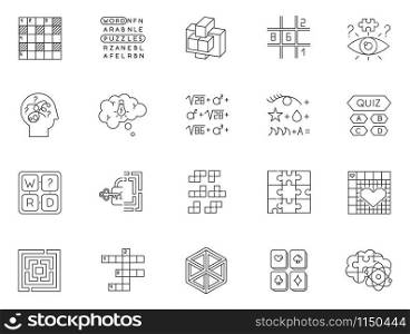Puzzles and riddles linear icons set. Mental exercise. Challenge. Language, vocabulary test. Brain teaser. Thin line contour symbols. Isolated vector outline illustrations. Editable stroke